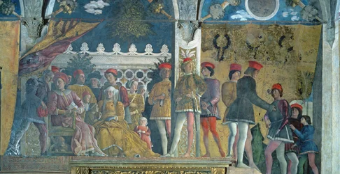 Marchese Ludovico Gonzaga III, seine Frau Barbara von Brandenburg, ihre Kinder, Höflinge und ihr Hund Rubino, aus der Camera degli Sposi oder Camera Picta, 1465-74